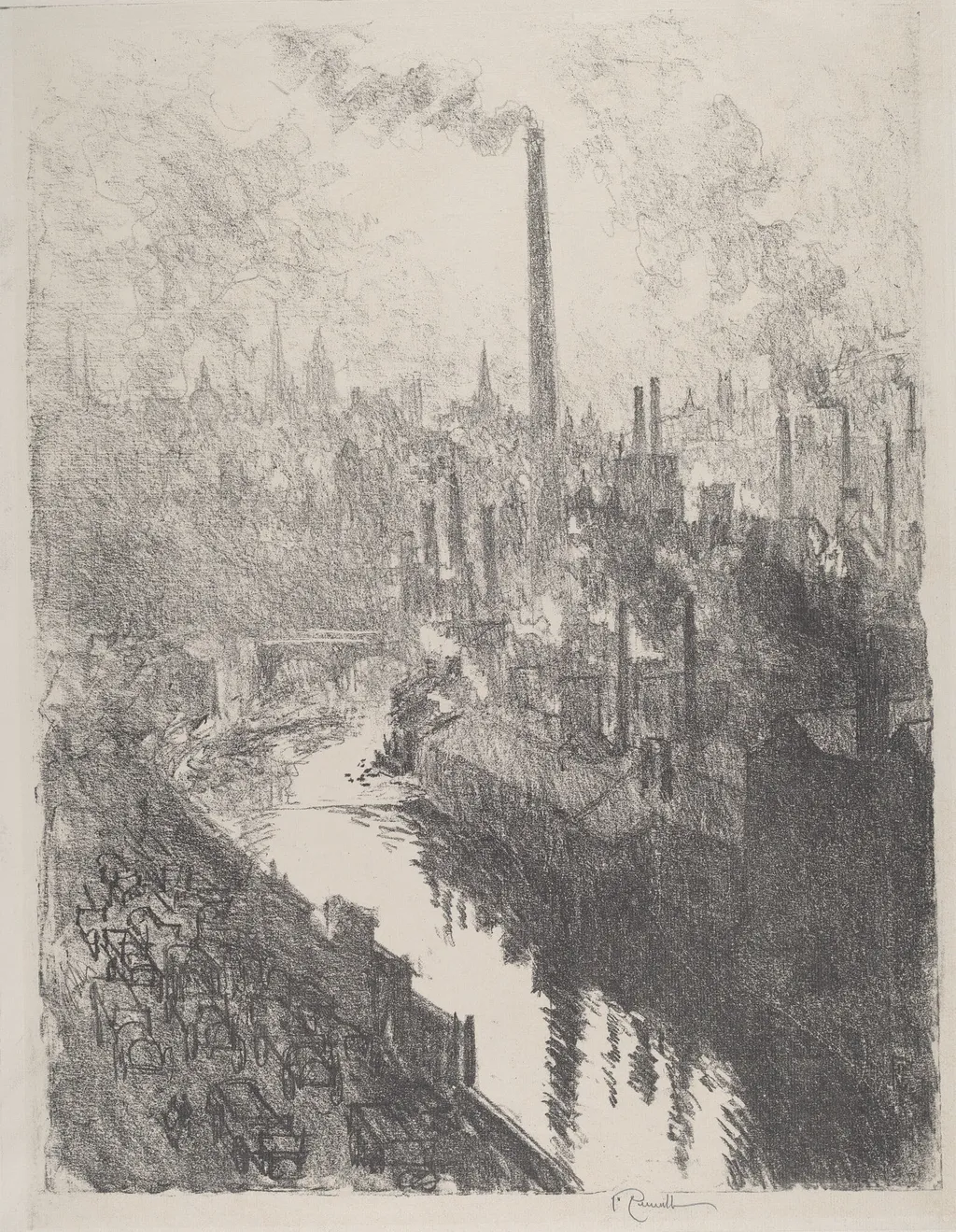 The Great Chimney, the Motor Park, by Joseph Pennell, ink, 1916