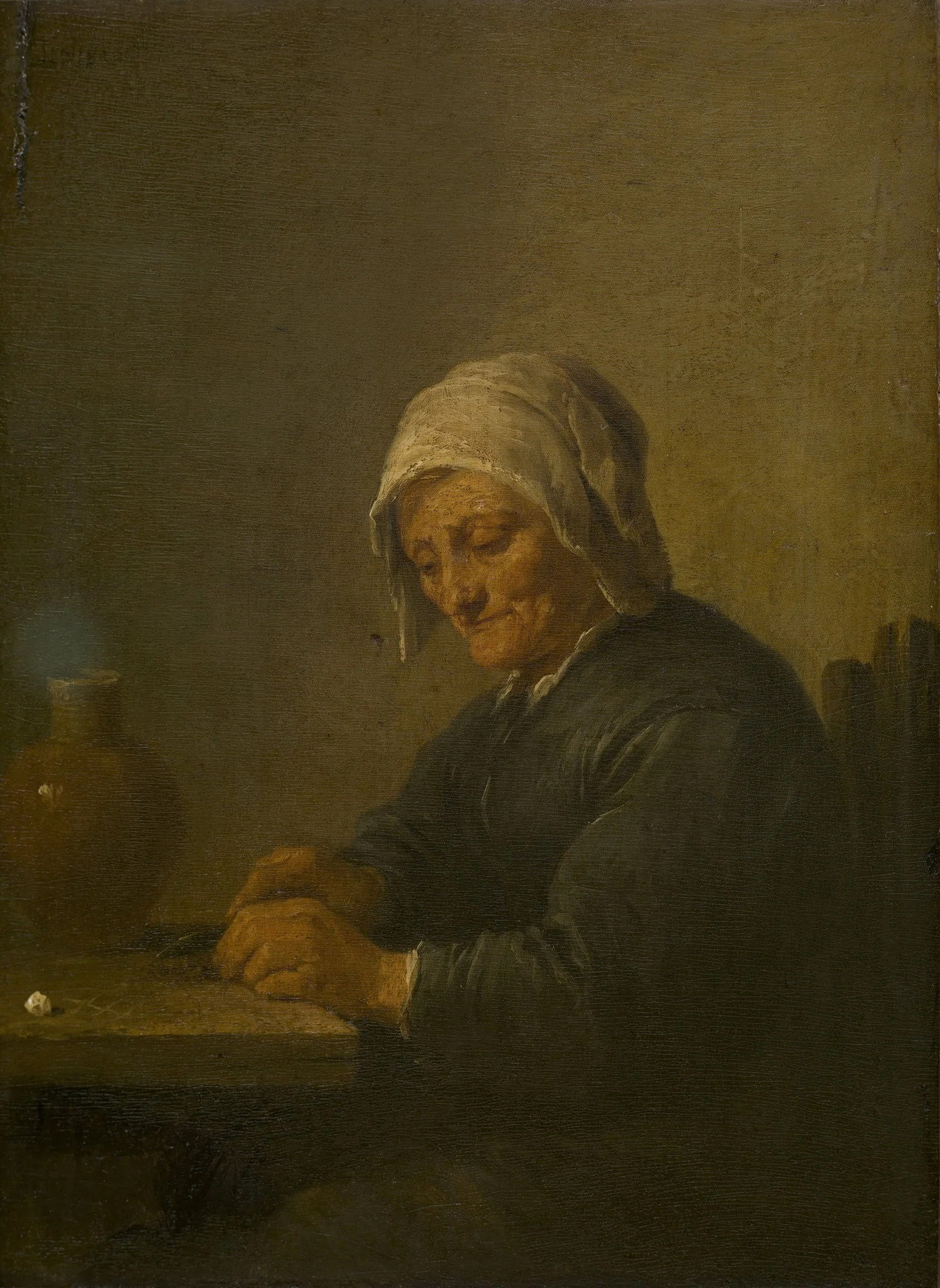 An Old Woman Cutting Tobacco, detail