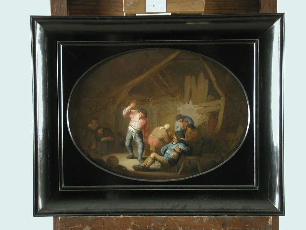 Peasants in a Rustic Interior, by Adriaen van Ostade, oil, 1634