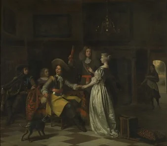 Merry company with trumpeter in a distinguished interior, detail