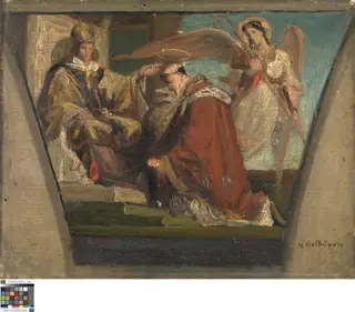 Heilige geknield voor een bisschop, by Henri Dobbelaere, oil, 1822