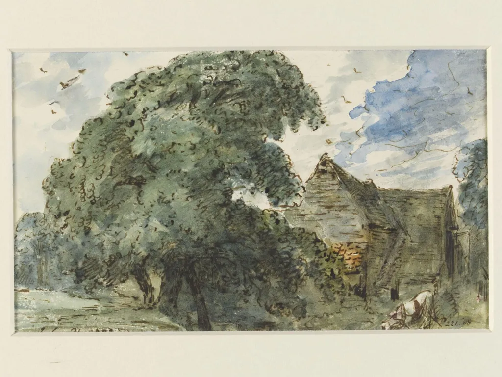A barn, trees and a grey horse, near East Bergholt, by John Constable, watercolor, 31