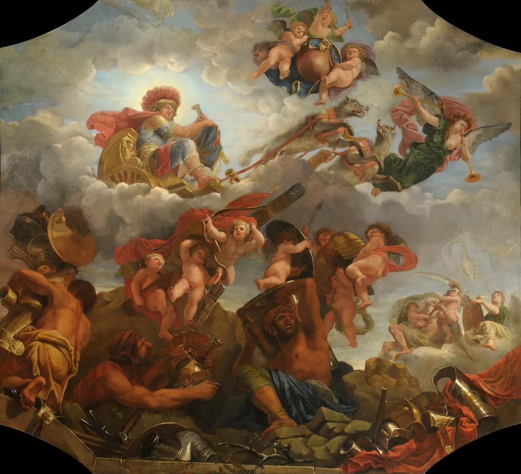 Mars on his chariot pulled by wolves, by Claude Audran the Younger, oil, 1673