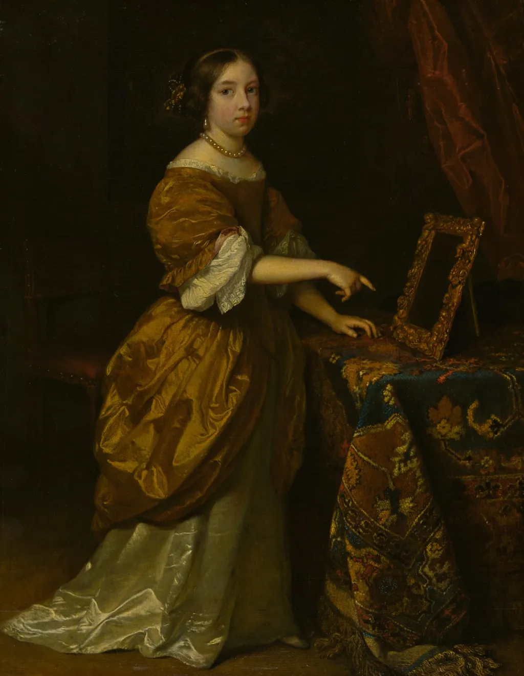 Girl Standing before a Mirror, by Caspar Netscher, oil, 1668