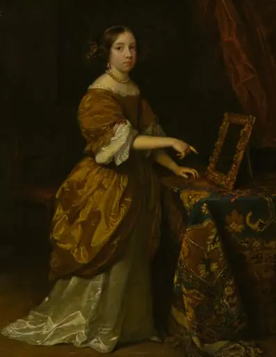 Girl Standing before a Mirror, by Caspar Netscher, oil, 1668