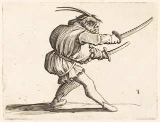Duellist with Two Sabers, by Jacques Callot, ink, 1622