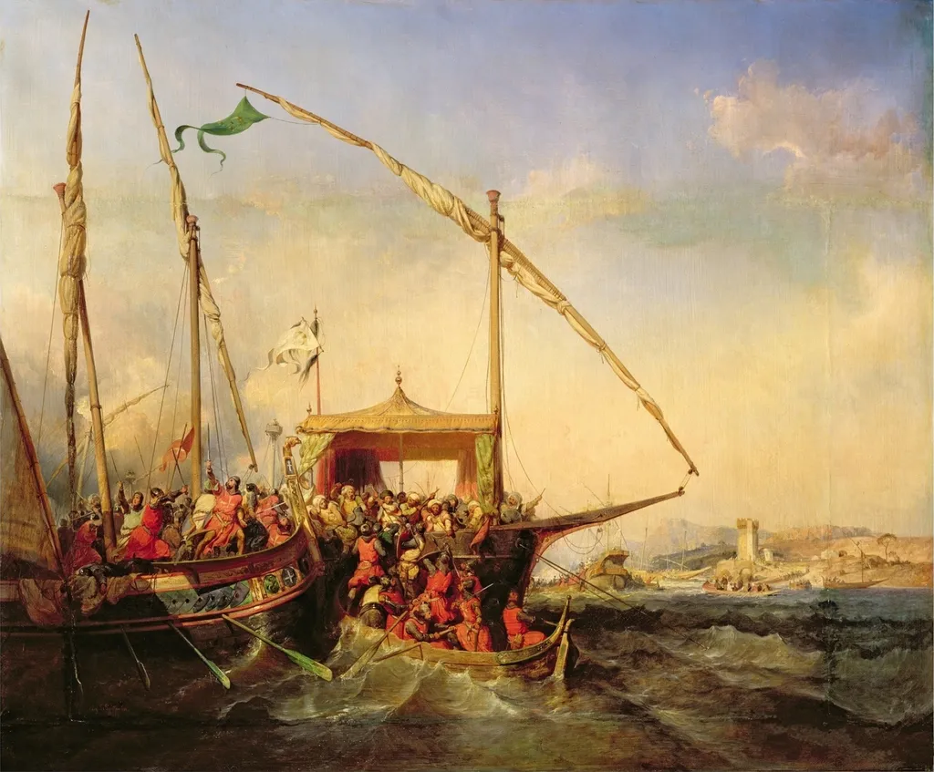 Naval Battle of Imbre in 1346, by Eugène Le Poittevin, oil, 1842