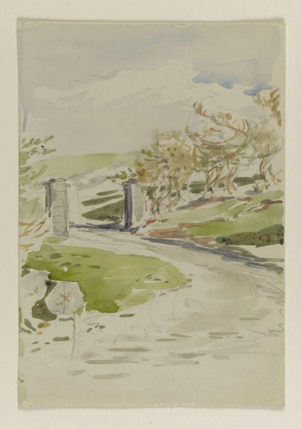 A pathway to moorland, passing through a stone gateway, by Beatrix Potter, watercolor, 1850