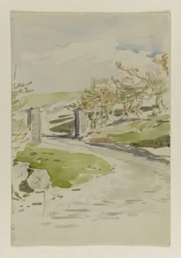 A pathway to moorland, passing through a stone gateway, by Beatrix Potter, watercolor, 1850
