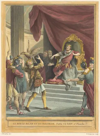 Le roi, le milan, et le chasseur (The King, the Kite, and the Hunter), by Louis-Simon Lempereur, ink, 1759