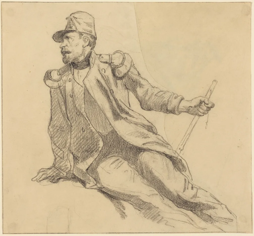 A Seated Soldier, by Hippolyte Bellangé, chalk, 1830