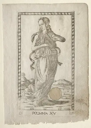 Polyhymnia (heroic hymns) (from the Tarocchi series D:  Apollo and the Muses, #15), by Master of the E-Series Tarocchi, 1467