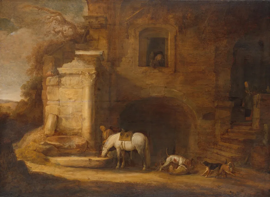 View of a Dilapidated Building with a Fountain, by Simon de Vlieger, unspecified, 1637