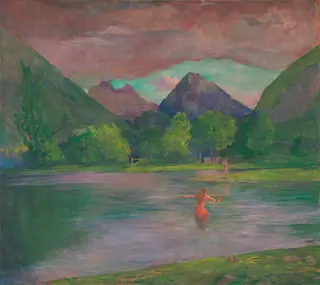 The Entrance to the Tautira River, Tahiti. Fisherman Spearing a Fish, by John La Farge, oil, 1895