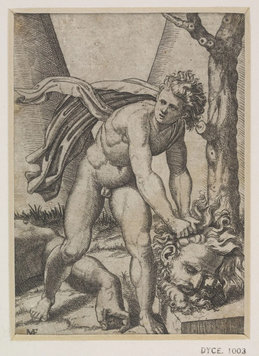 David raising the head of Goliath, by Raphael, 1490