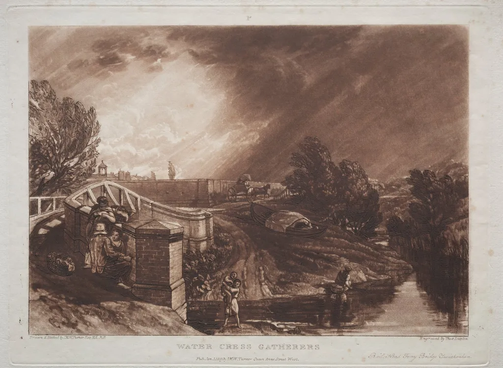 Liber Studiorum:  Watercress Gatherers, Rails Head, Ferry Bridge, Twickenham, by Joseph Mallord William Turner, 1823