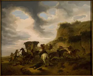 Assault on travellers, by Philips Wouwerman, oil, 1650