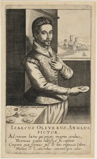 Isaac Oliver, Miniature Painter, by Robert de Baudous, ink, 1610