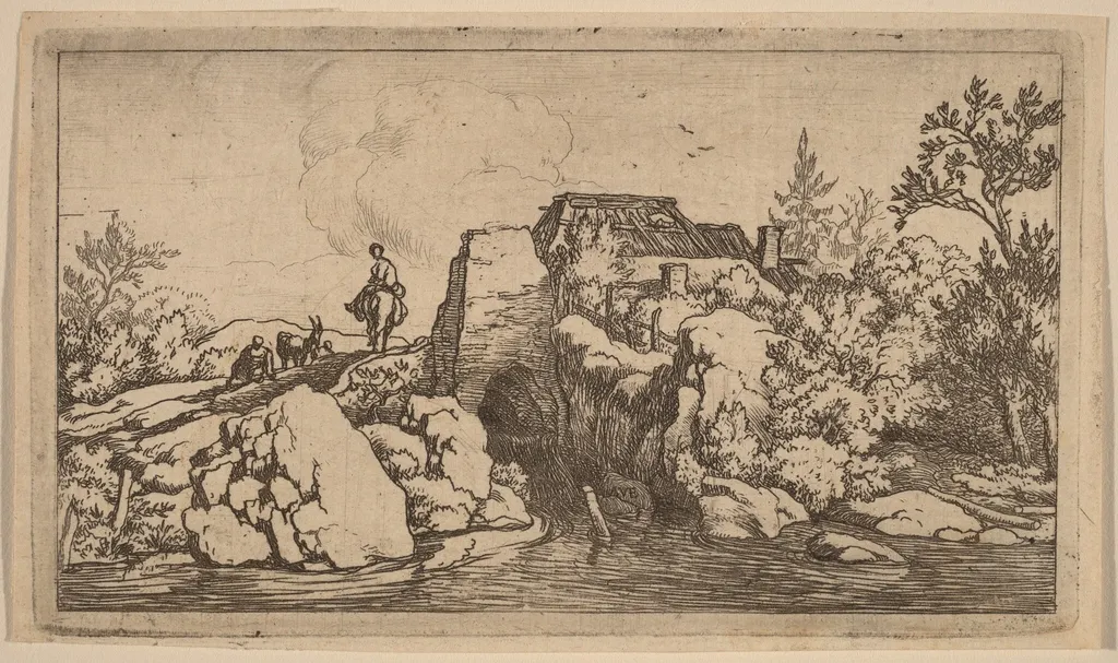 Horseman on a Stone Bridge, by Allart van Everdingen, ink, 1650