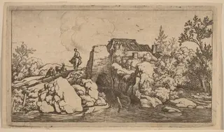 Horseman on a Stone Bridge, by Allart van Everdingen, ink, 1650