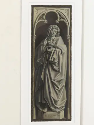 Copy of a detail of the Ghent Altarpiece, St John  the Evangelist, by Hubert and Jan van Eyck in the church of St Bavon, Ghent., by Christian Schultz, watercolor, 1864