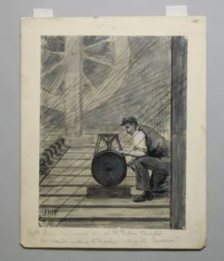 Mlle. Aenea at the Palace Theatre. Mr. Dando working the machine up in the gridiron, by Julius Mendes Price, watercolor, 1894