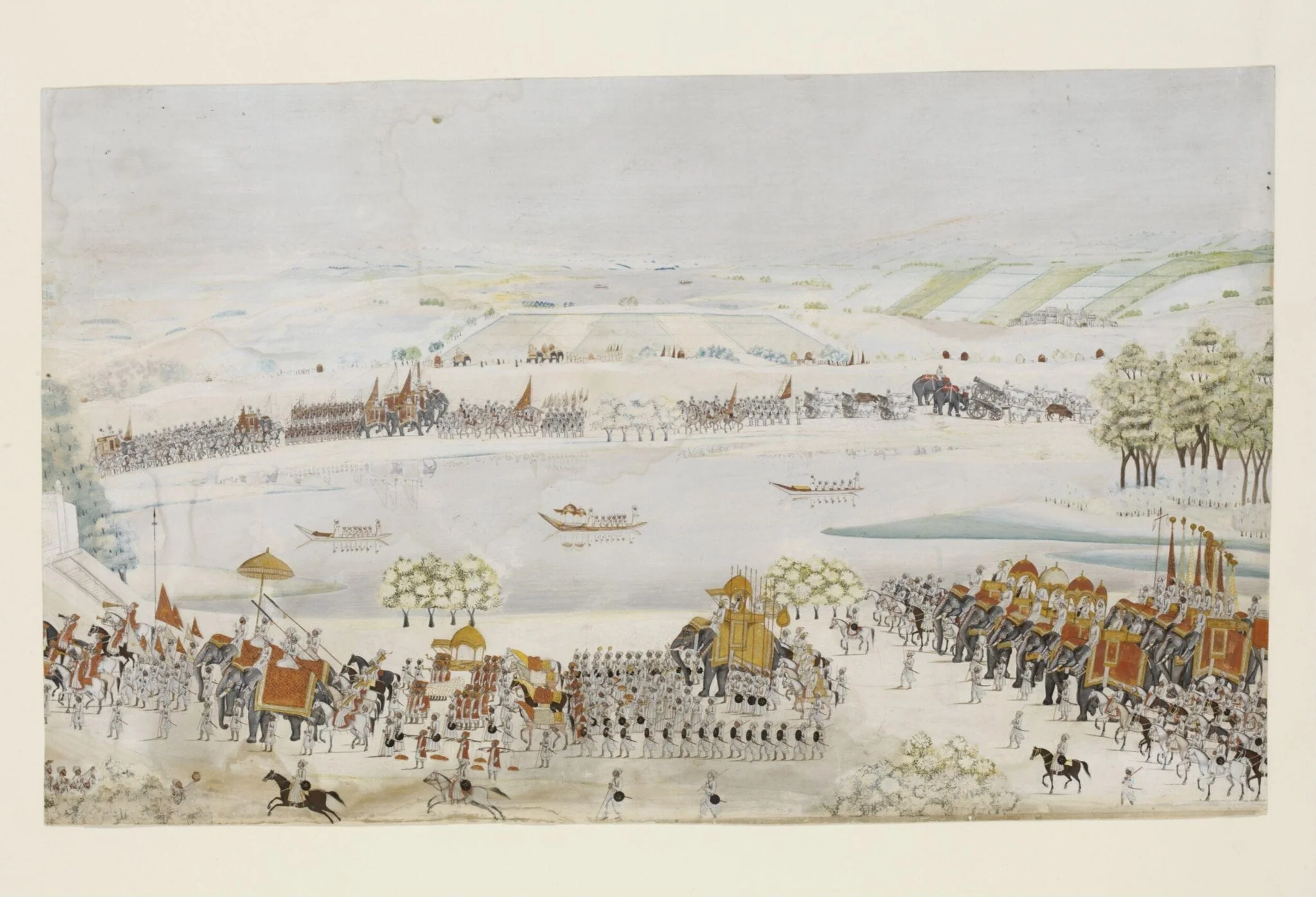 The royal procession of Shah Alam II with his army processing from right to left along the banks of a river., detail