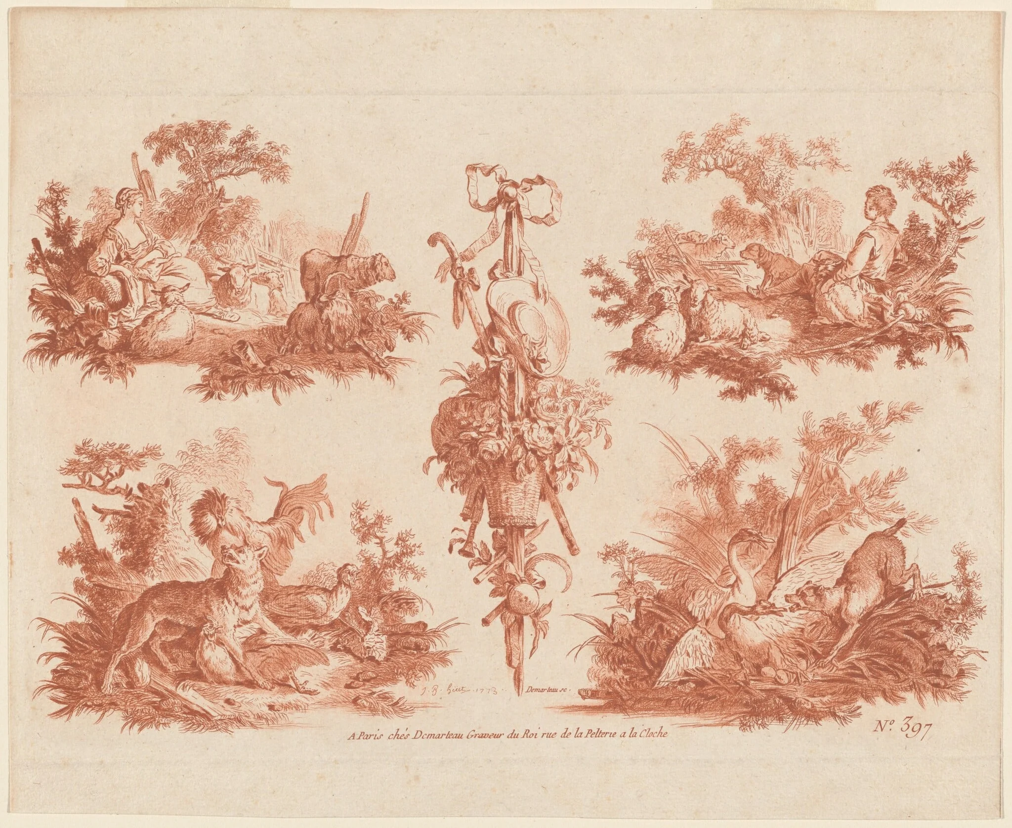 Two Pastoral Vignettes, Two Hunting Vignettes, and a Trophy, detail