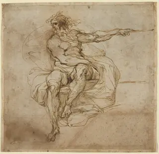 Seated Male Nude [recto], by Agostino Carracci, ink, 1601