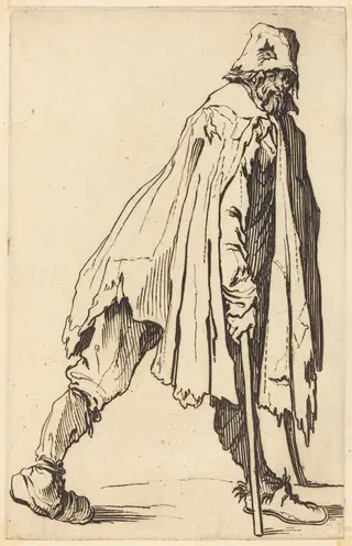 Beggar with Crutches and Cap, by Jacques Callot, ink, 1622