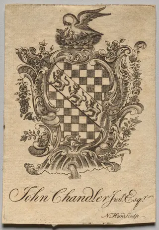Bookplate:  Coat of Arms with John Chandler Jun.r, Esq. inscribed, by Nathaniel Hurd, 1764