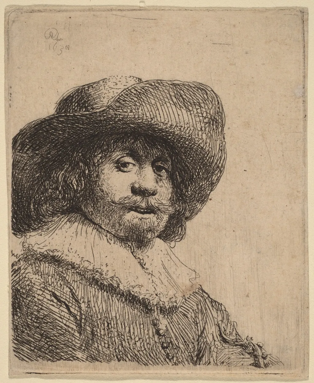 Man in a Broad-Brimmed Hat, by Rembrandt, ink, 1638