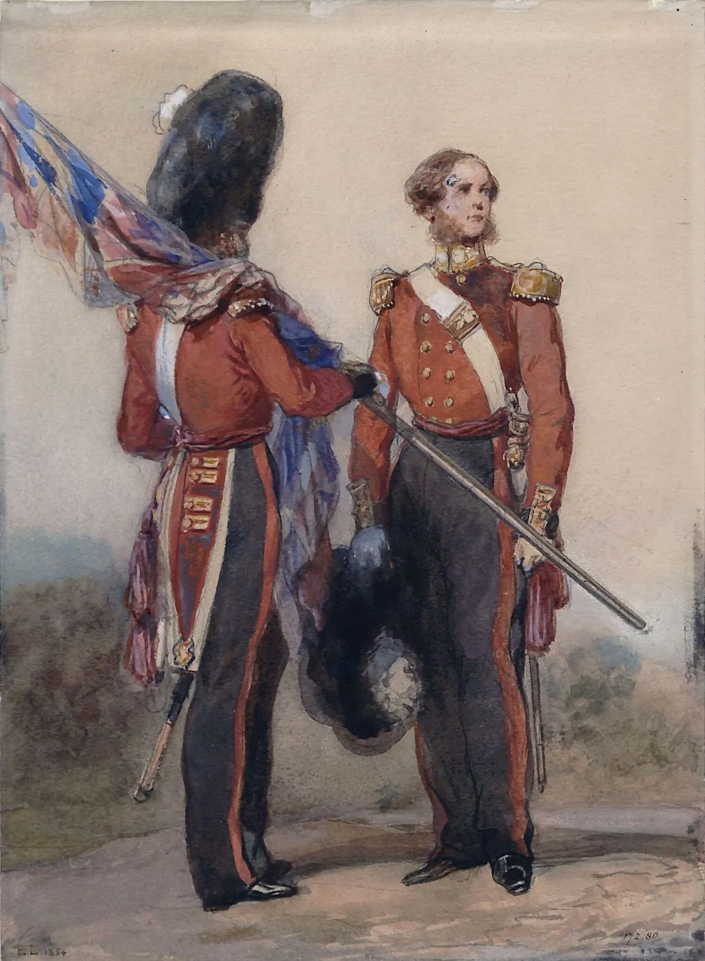 Officers at Cobham Camp, by Lami, watercolor, 1854