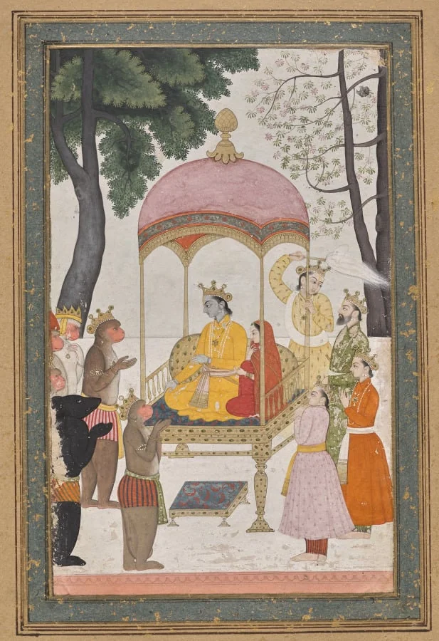 Enthroned Rama and Sita receive homage from their monkey and bear Allies, from the Yuddha Kanda (Book of the War) of a Ramayana (Rama’s Journey), detail
