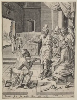 The King Forgiving His Servant His Debt, by Dirck Volckertz Coornhert, ink, 1554