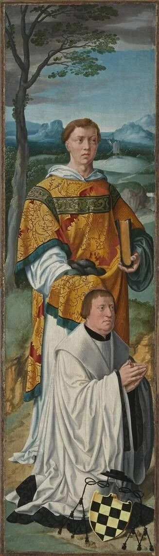 Beweinungsaltar: Hl. Stephanus mit dem Stifter Stephan Vell von Wevelinghoven, detail