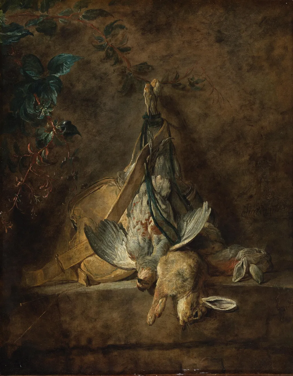 A Still Life Two Rabbits, a Grey Partridge, Game Bag and a Powder Flask, by Jean-Baptiste-Siméon Chardin, unspecified, 1731