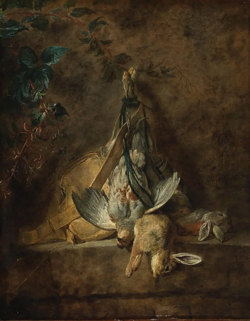 A Still Life Two Rabbits, a Grey Partridge, Game Bag and a Powder Flask, by Jean-Baptiste-Siméon Chardin, unspecified, 1731