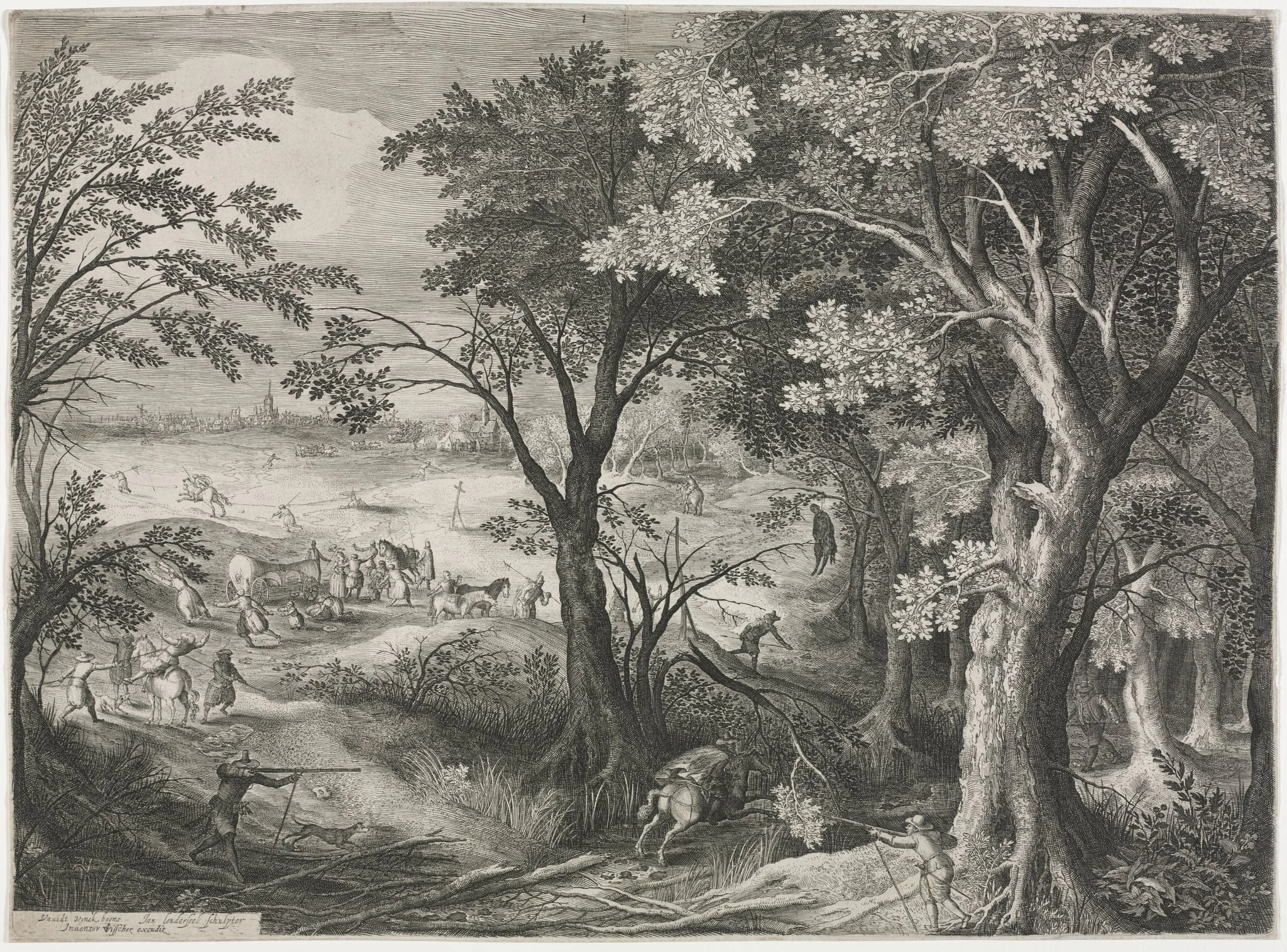 Landscape with Travelers Attacked by a Gang of Robbers, detail