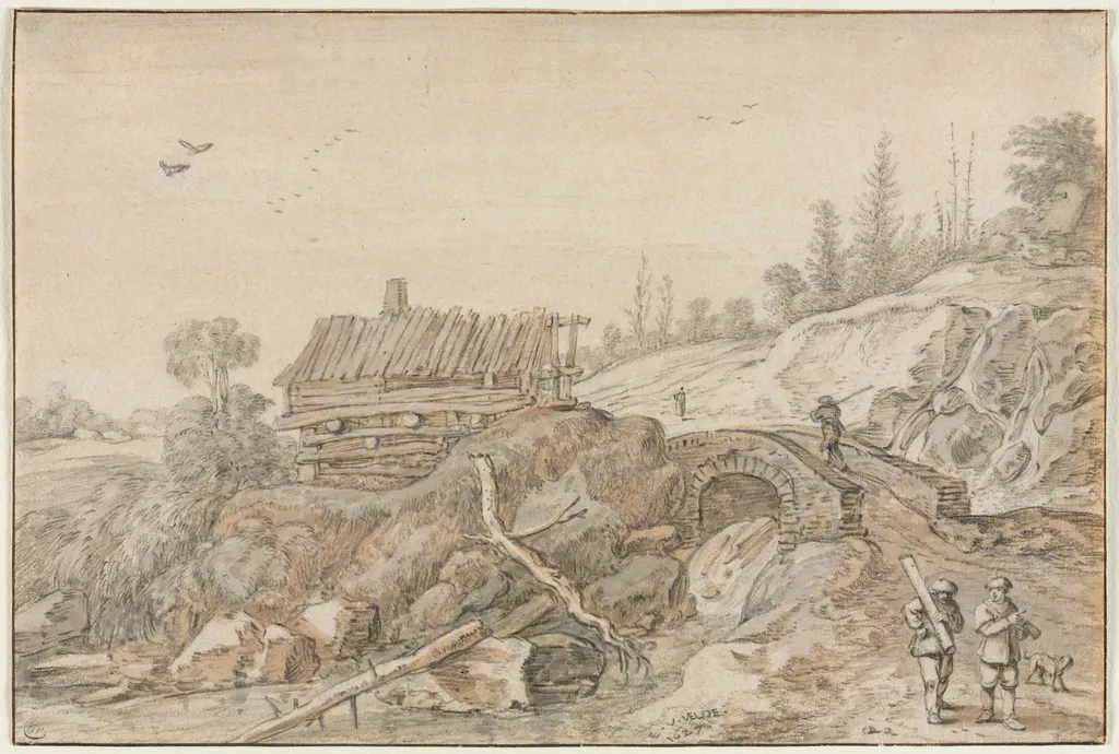 Hilly Landscape with Hut Beside a Stream, by Esaias van de Velde, 1627