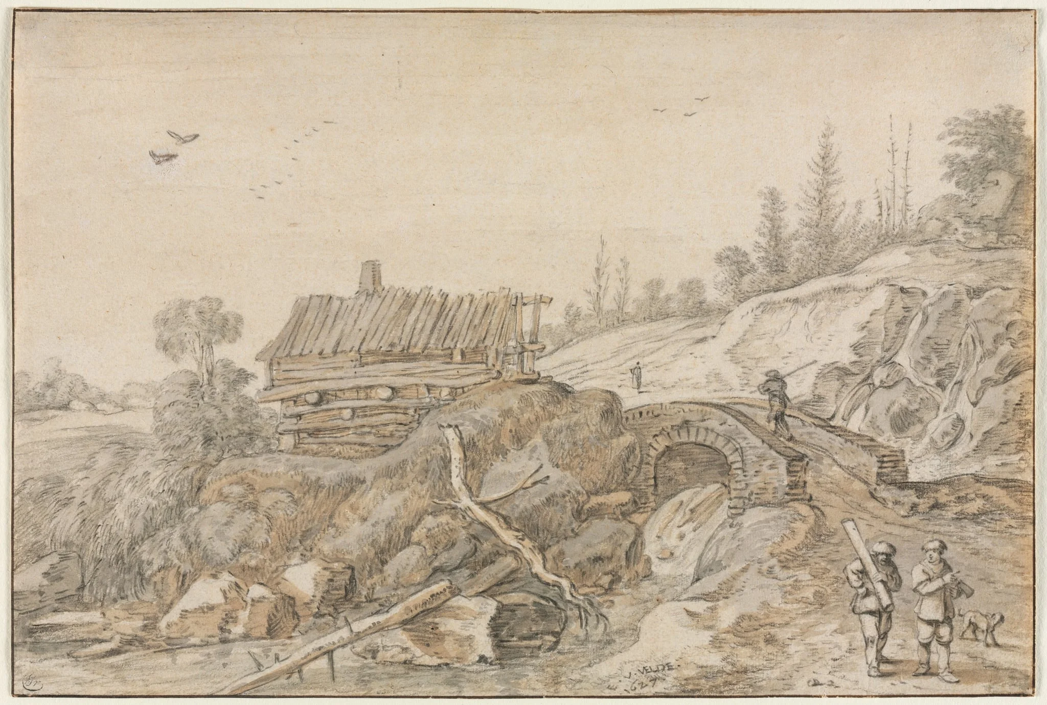 Hilly Landscape with Hut Beside a Stream, detail