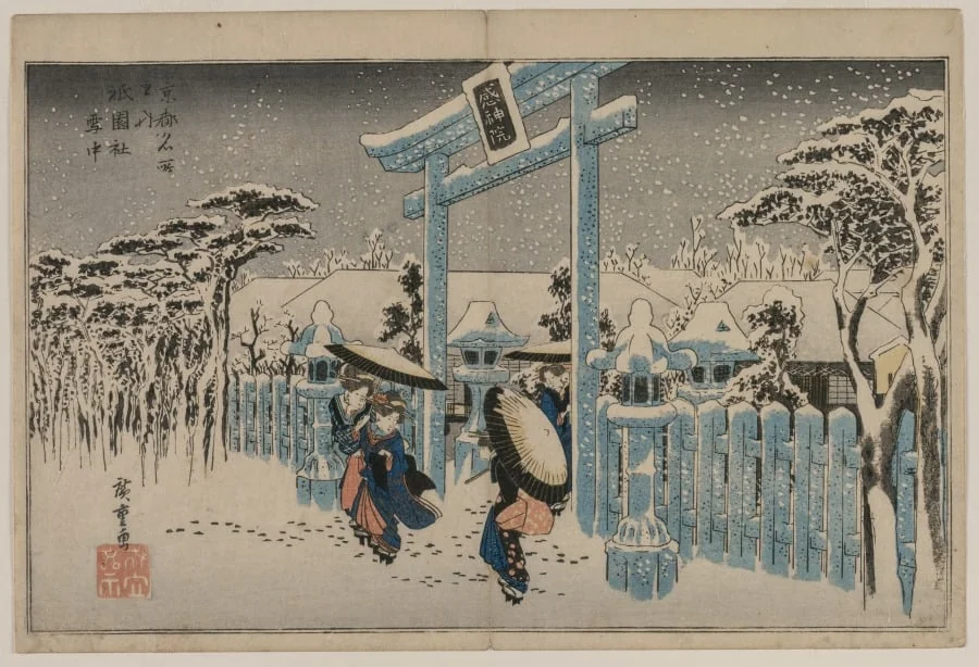 Snow at the Gion Shrine, from the series Famous Places in Kyoto, detail