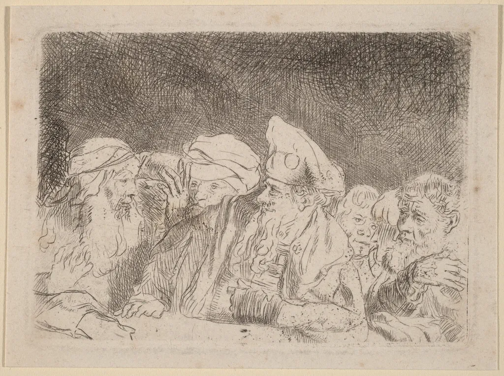 The Pharisees Debating (Fragment from the Hundred Guilder Print), by Rembrandt van Rijn, ink, 1649