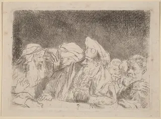 The Pharisees Debating (Fragment from the Hundred Guilder Print), by Rembrandt van Rijn, ink, 1649