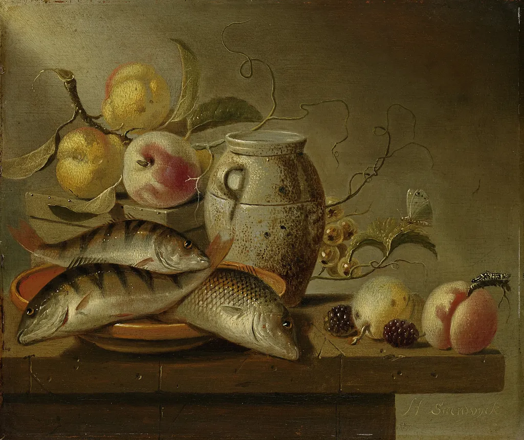 Still Life with Earthenware Jar, Fish and Fruit, by Harmen Steenwijck, oil, 1652