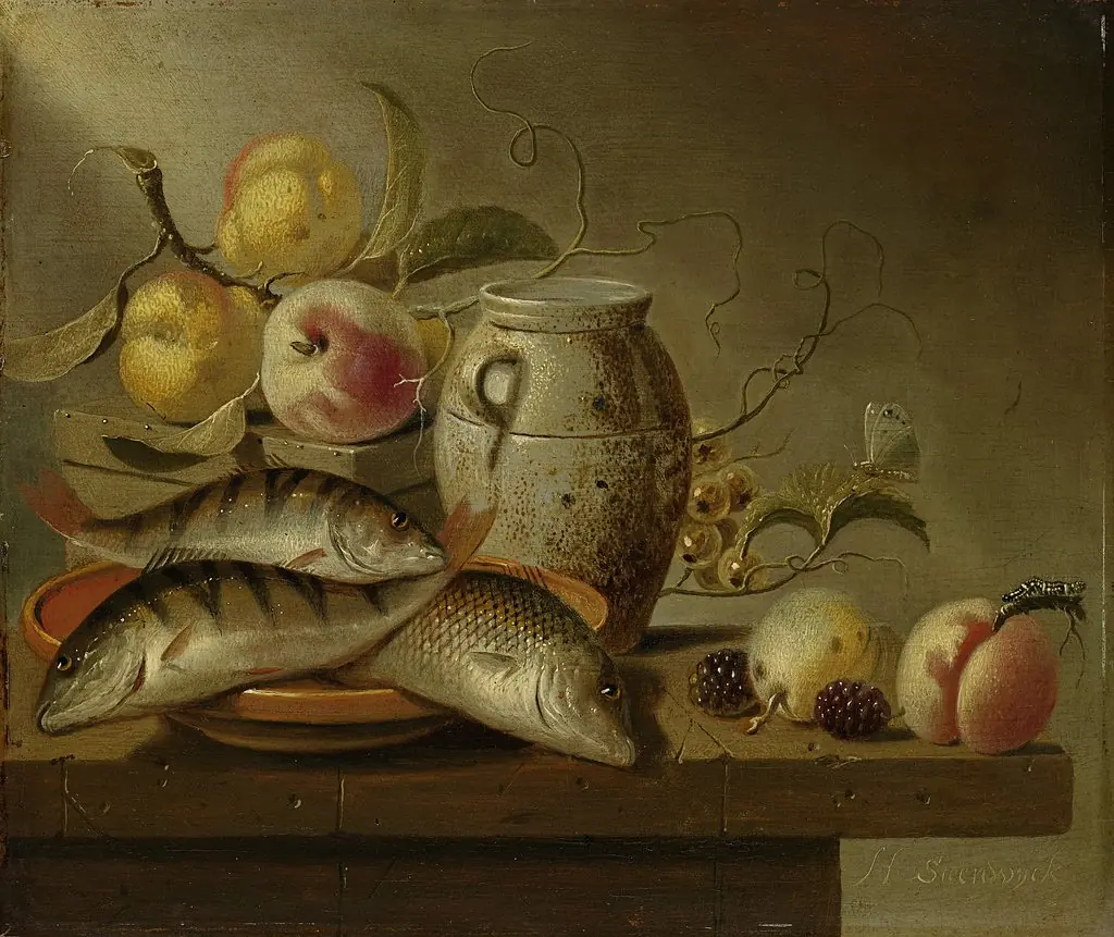 Still Life with Earthenware Jar, Fish and Fruit, by Harmen Steenwijck, oil, 1652