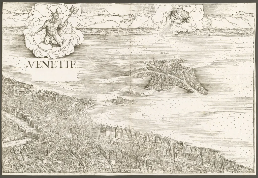 View of Venice [upper center block], by Jacopo de' Barbari, ink, 1500