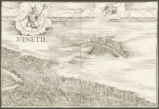 View of Venice [upper center block], by Jacopo de' Barbari, ink, 1500