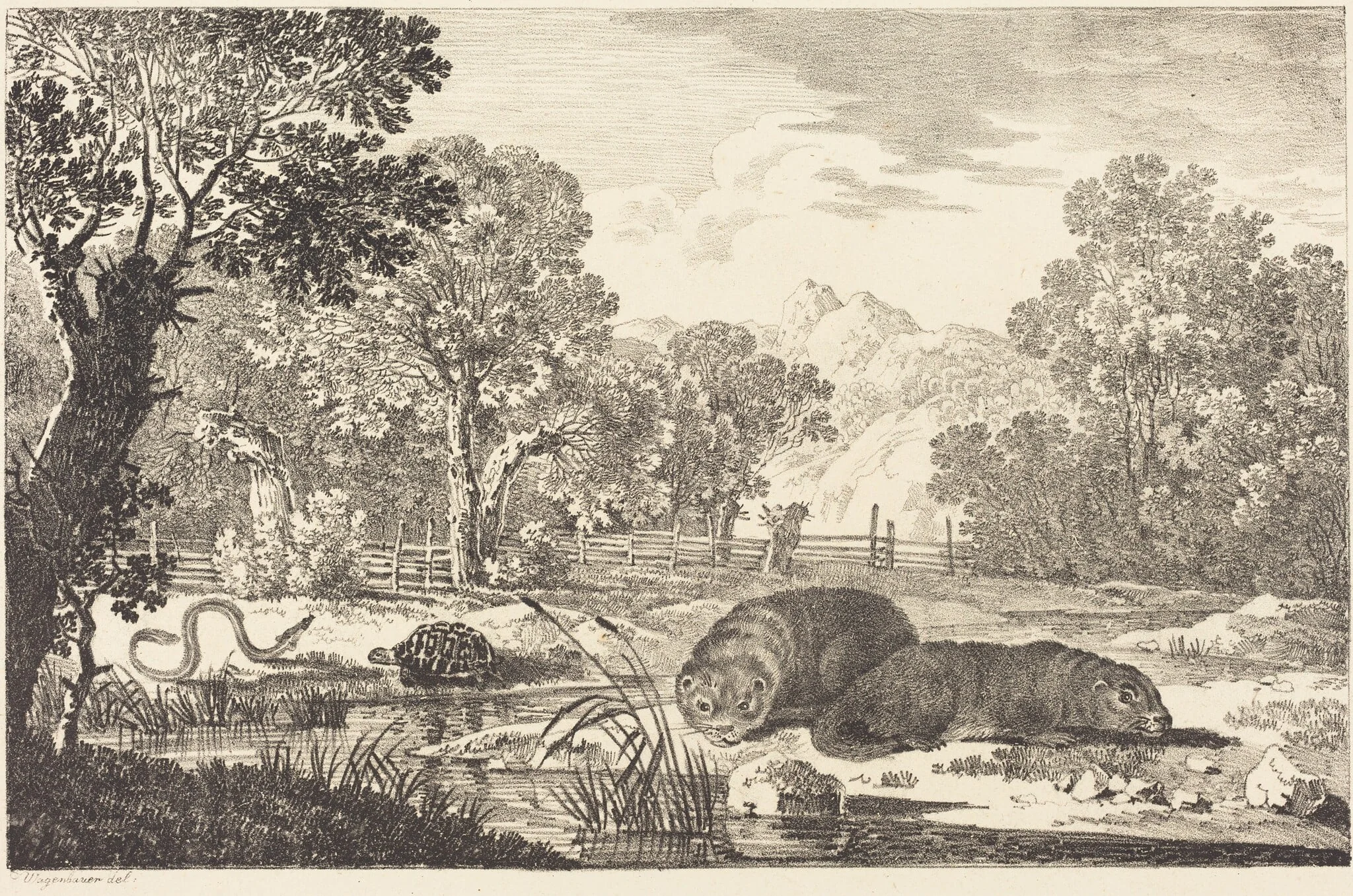 River Landscape with Two Beavers, detail