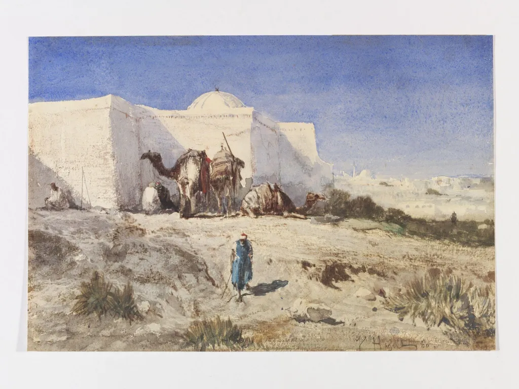 Arabs and camels beside a Tomb, Algeria[?], by Victor-Pierre Huguet, watercolor, 1860